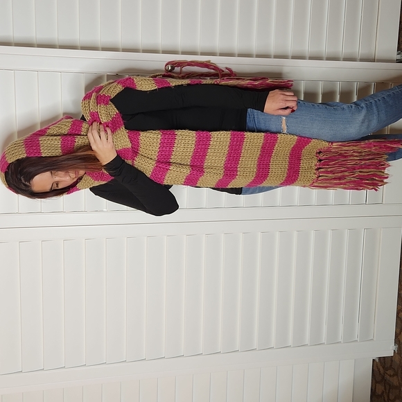 Michael Kors Stripe Fringe Knit Scarf Fushia Pink and Tan - Picture 6 of 12